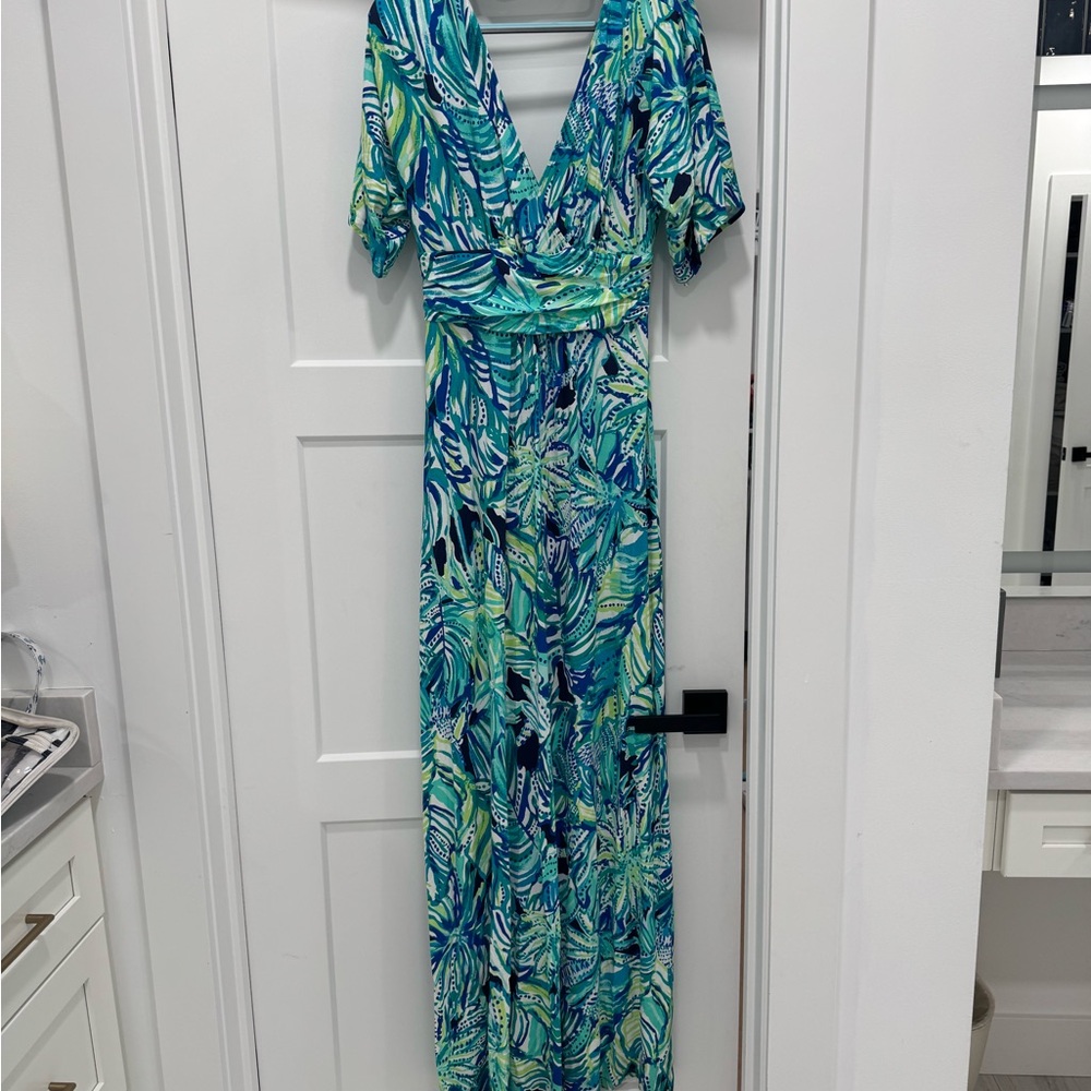 Lilly Pulitzer Blue and Green Parigi Short Sleeve Maxi Dress